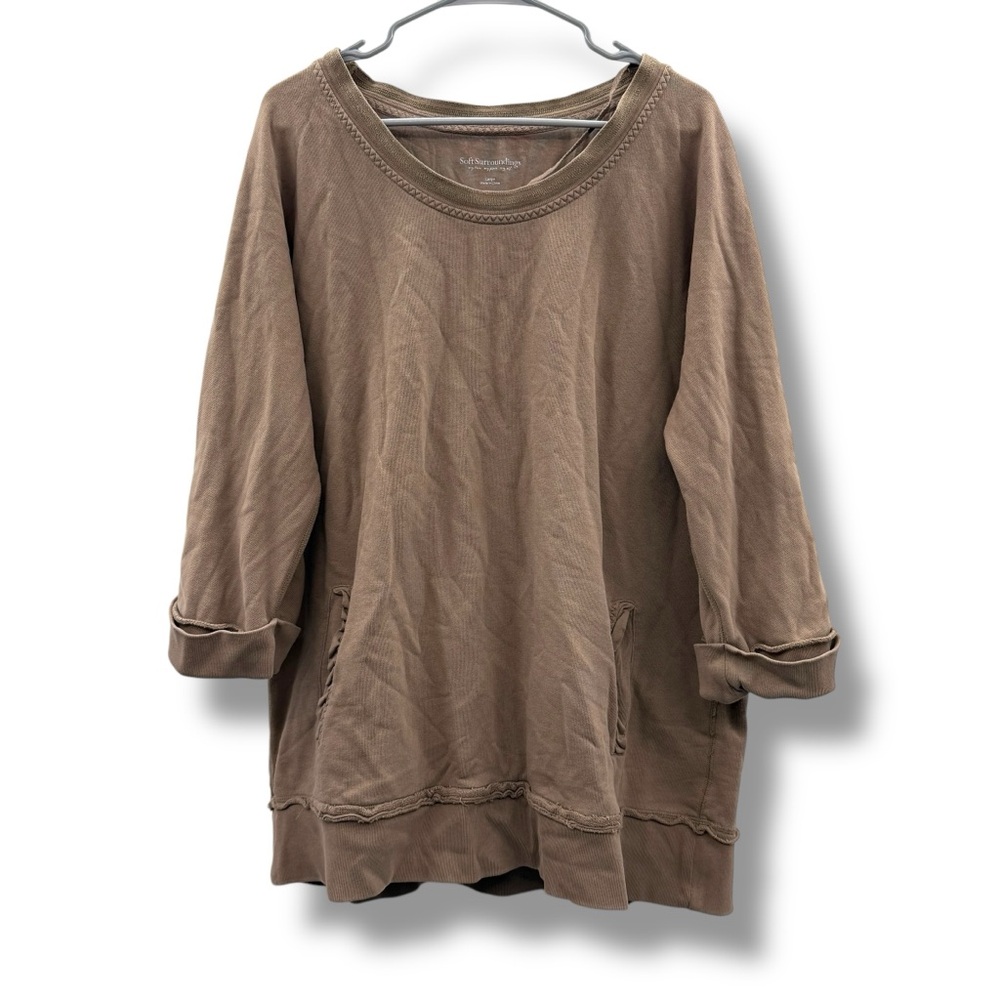Soft Surroundings Peruvian Brown 3/4 Rolled Sleeve Wide Neck Pullover Top Sz L